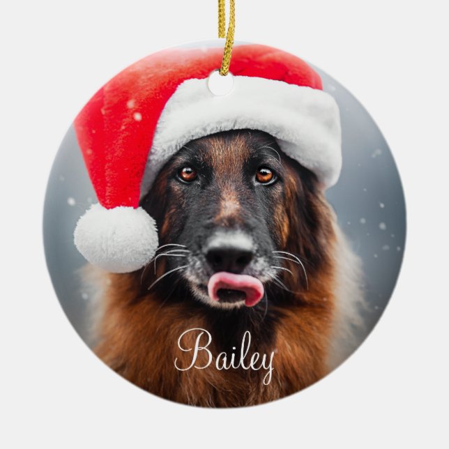 Personalized German Shepherd Santa Ceramic Ornament (Front)