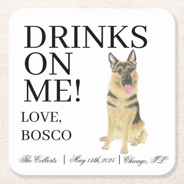 Personalized German Shepherd Wedding Square Paper Coaster (Front)