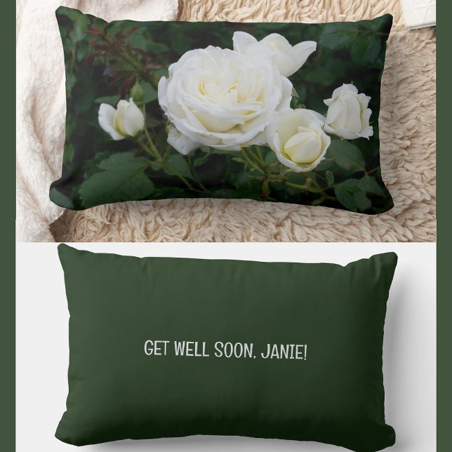 Personalized Get Well Soon Coworker Friend Roses Lumbar Pillow (Modern, elegant Get Well Soon personalized name accent pillow coworker. Photo of cream white roses)