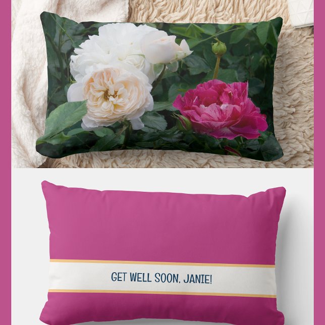 Personalized Get Well Soon Coworker Friend Roses  Lumbar Pillow (Modern, elegant Get Well Soon personalized name accent pillow. Photo of cream & streaked pink roses)