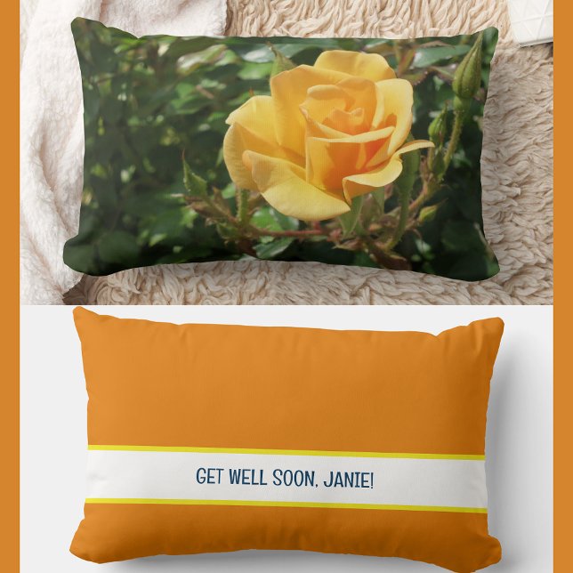 Personalized Get Well Soon Coworker Yellow Rose  Lumbar Pillow (Modern, elegant Get Well Soon personalized name accent pillow coworker friend. Photo of  yellow rose)