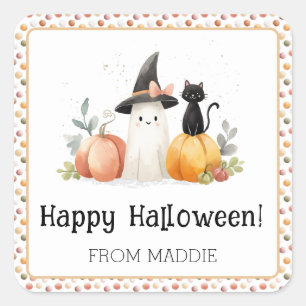 Personalized Ghost and Black Cat Halloween Square Sticker
