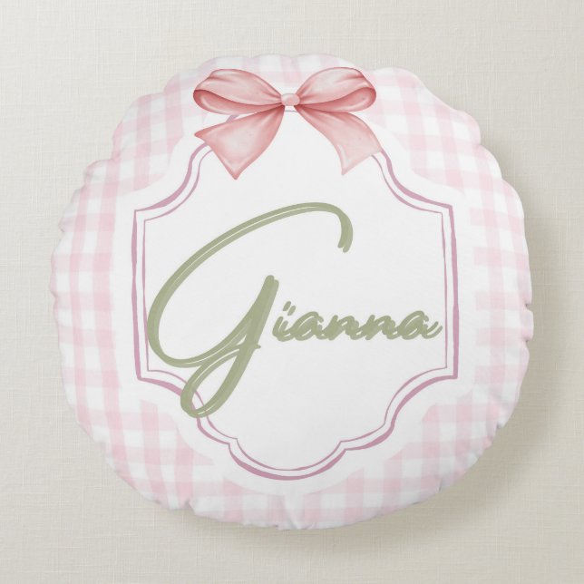 Personalized Gianna Baby Girl Nursery Bow&Gingham  Round Pillow (Front)