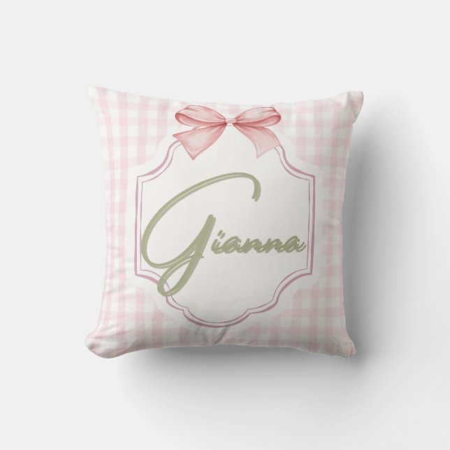 Personalized Gianna Baby Girl Nursery Bow&Gingham  Throw Pillow (Front)