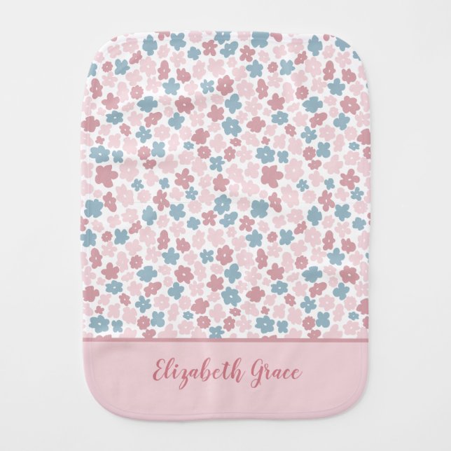 Personalized Gift Baby Girl Pink Blue Floral Boho  Baby Burp Cloth (Front)