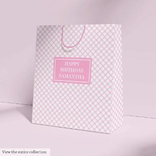 Personalized Gift Bag Pink Plaid Birthday Accent