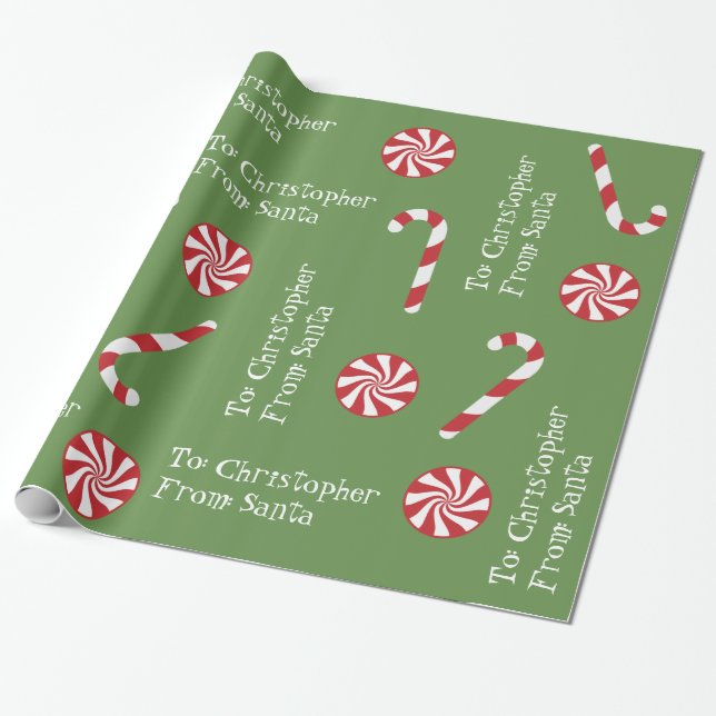 Personalized Gift From Santa Christmas Candy Green Wrapping Paper (Unrolled)