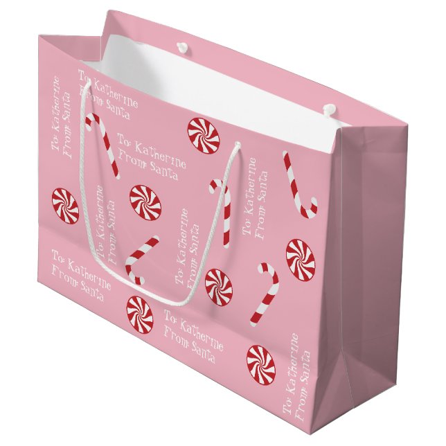 Personalized Gift From Santa Christmas Candy Pink Large Gift Bag (Front Angled)