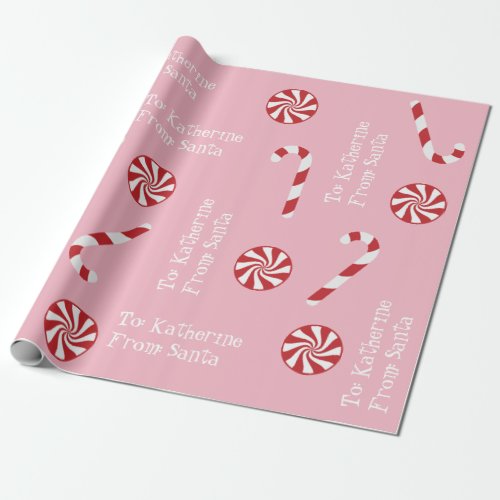 Personalized Gift From Santa Christmas Candy Pink Wrapping Paper