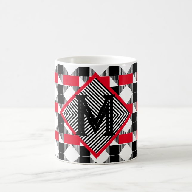 Personalized Gift Red Black Geometric Monogram Coffee Mug (Center)