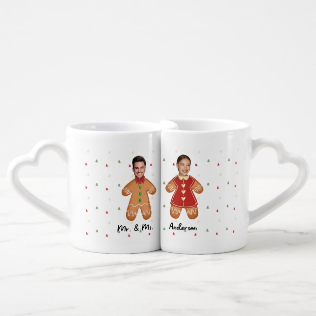 Personalized Gingerbread Cookie Couple Face Photo Coffee Mug Set (Front Nesting)