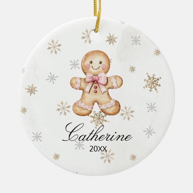 Personalized Gingerbread Cookie Winter Snowflake Ceramic Ornament (Front)