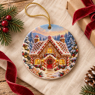 Personalized Gingerbread Cottage Christmas Ceramic Ornament