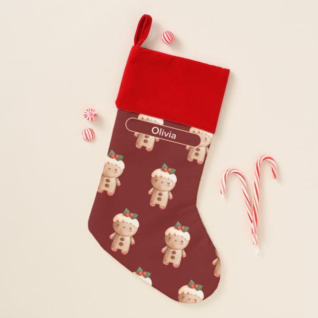 Personalized Gingerbread Holiday Red Christmas Stocking (Front)