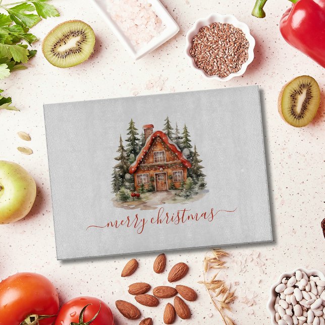 Personalized Gingerbread House Christmas Holiday Cutting Board (Gingerbread in winter scene House Merry Christmas Personalized Cutting board. Rectangle and Circle)