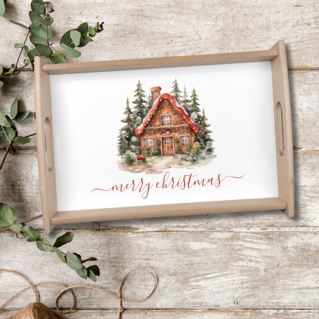 Personalized Gingerbread House Christmas Holiday Serving Tray (Vintage Gingerbread House in a forest on a Serving Tray. Personalize it with your name or any text.)