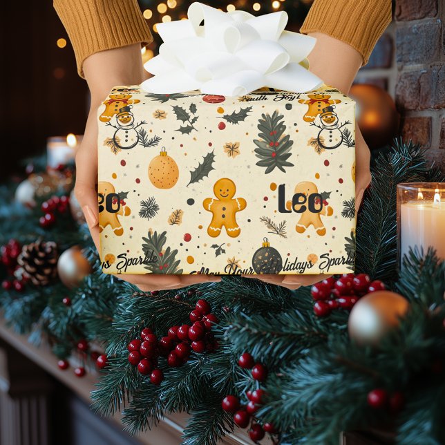 Personalized Gingerbread & Snowman Christmas Patte Wrapping Paper (Creator Uploaded)