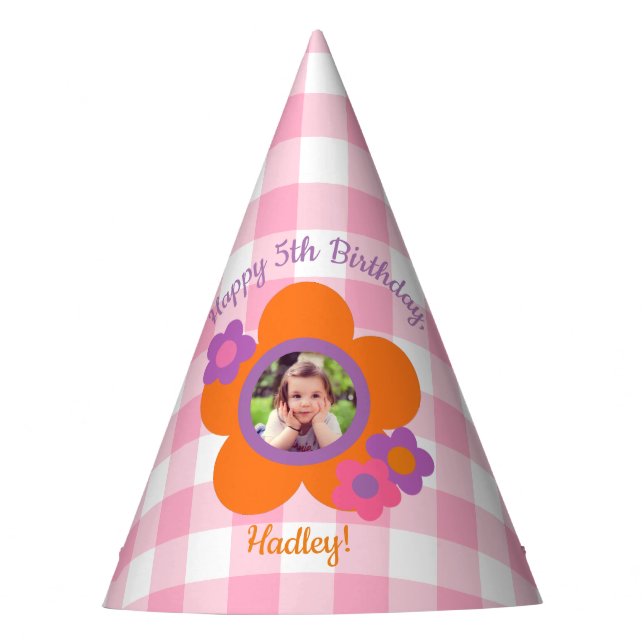 Personalized Gingham and Flowers Photo Party Hat (Front)