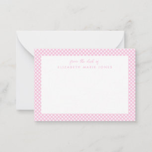 Personalized Gingham Children's Blush Pink Plaid Note Card