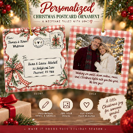 Personalized Gingham Christmas Postcard Ceramic Ornament