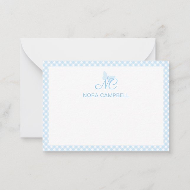 Personalized Gingham Cute Baby Blue Monogram Note Card (Front)