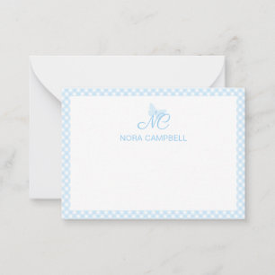 Personalized Gingham Cute Baby Blue Monogram Note Card