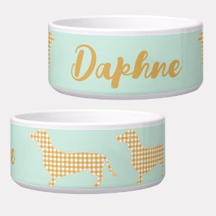 Personalized Gingham Dachshund Mint Dog Bowl