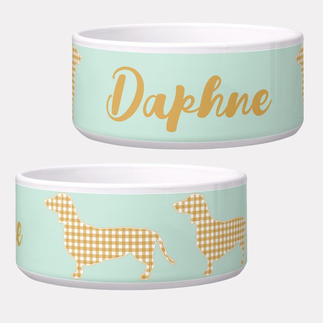 Personalized Gingham Dachshund Mint Dog Bowl (Personalized Gingham Dachshund dog bowl with script name)