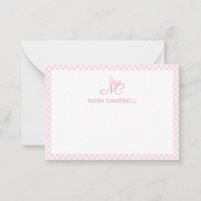 Personalized Gingham Girly Baby Pink Monogram Note Card (Front)