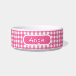 Personalized Gingham Hot Pink Check Pet Bowl<br><div class="desc">An colorful hot pink gingham check pet dish. Your pet's name takes center stage with trendy font set on a white bordered hot pink element to stand out. The font style can be changed using the on-screen edit tools.</div>