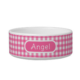 Personalized Gingham Hot Pink Check Pet Bowl