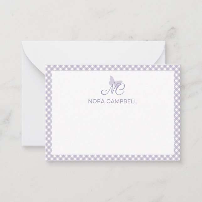 Personalized Gingham Lavender Elegant Monogram Note Card (Front)