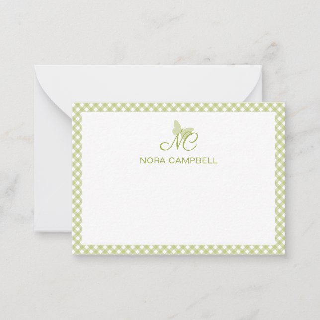 Personalized Gingham Light Green Elegant Monogram Note Card (Front)