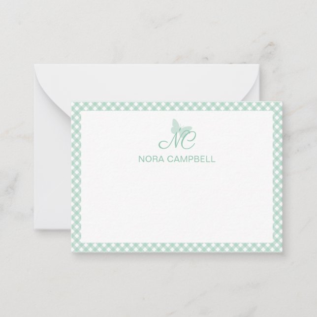 Personalized Gingham Mint Green Butterfly Monogram Note Card (Front)