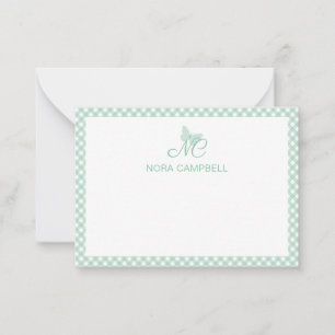 Personalized Gingham Mint Green Butterfly Monogram Note Card