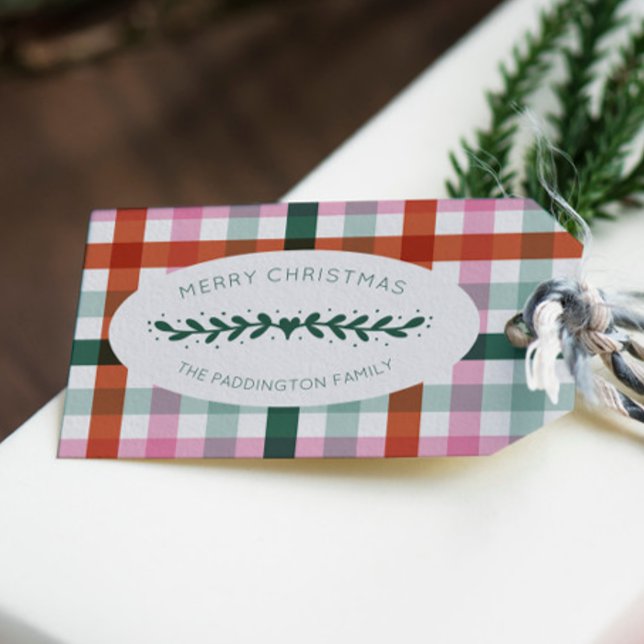 Personalized Gingham Pattern Christmas Gift Tag (Edit this Xmas gift tag with your family name.)