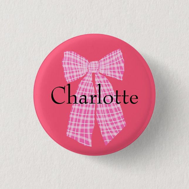 Personalized Gingham Pink Romantic Coquette Bow Button (Front)