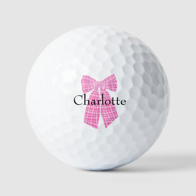 Personalized Gingham Pink Romantic Coquette Bow Golf Balls (Front)