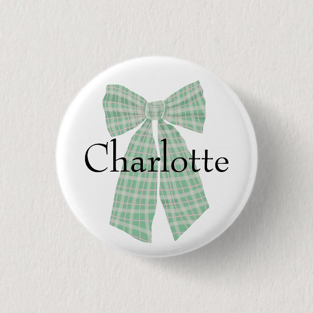 Personalized Gingham Romantic Coquette Bow Blush Button (Front)