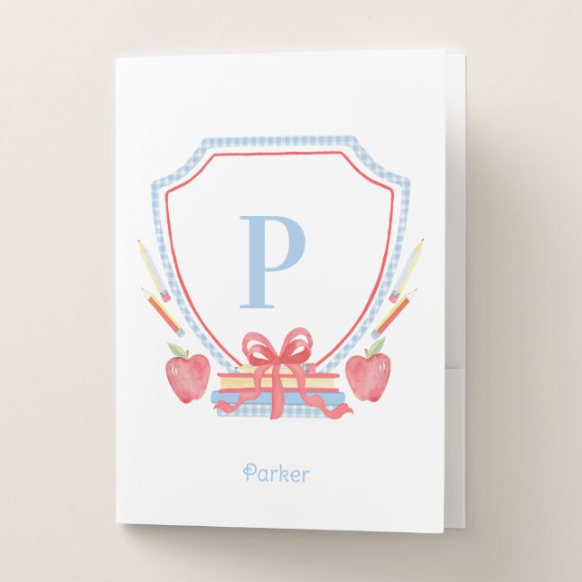 Personalized Gingham School Crest Monogram Pocket Folder (Front)