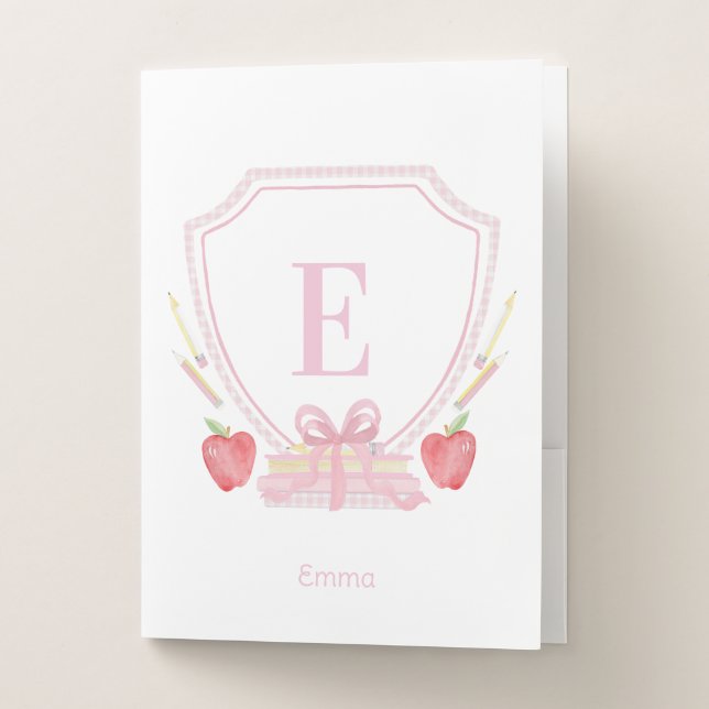 Personalized Gingham School Crest Monogram Pocket Folder (Front)