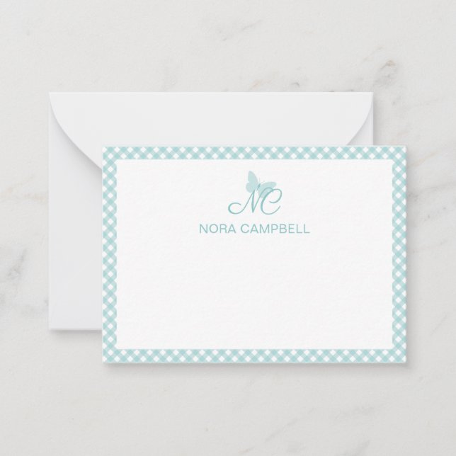 Personalized Gingham Turquoise Elegant Monogram Note Card (Front)