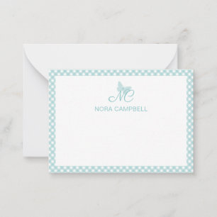Personalized Gingham Turquoise Elegant Monogram Note Card