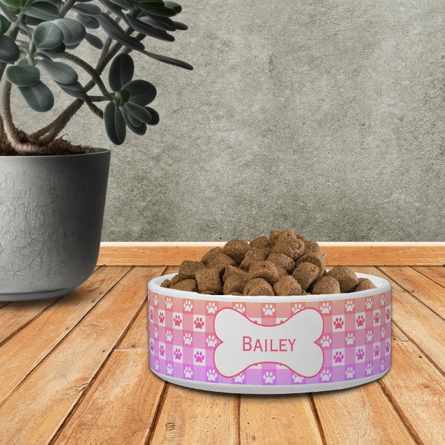 Personalized Gingham with Paw Prints Bone Pet Bowl (Creator Uploaded)