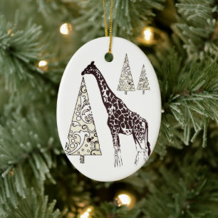 Personalized Giraffe and Christmas Trees Holiday Ceramic Ornament