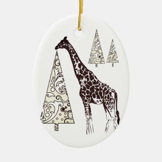 Personalized Giraffe and Christmas Trees Holiday Ceramic Ornament