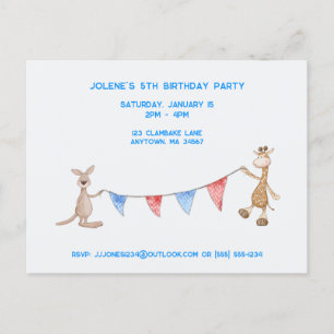 Personalized Giraffe and Kangaroo Birthday Party Postcard