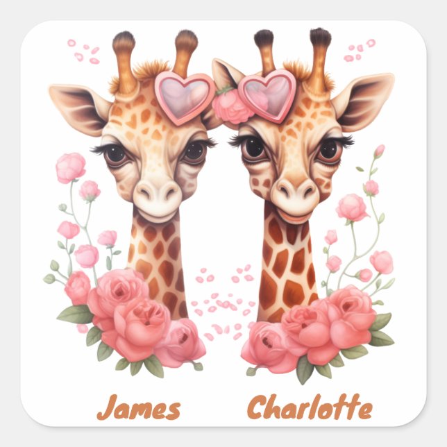 Personalized Giraffe Couple for Valentine's Day Square Sticker (Front)