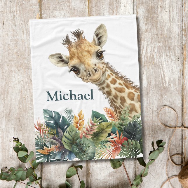 Personalized Giraffe Cute Watercolor Nursery Baby Fleece Blanket (Personalized Giraffe Baby Blanket. 30x40 inches.)