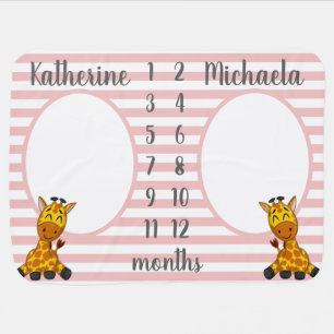 Personalized Giraffe Monthly Milestone Twin Girl Baby Blanket